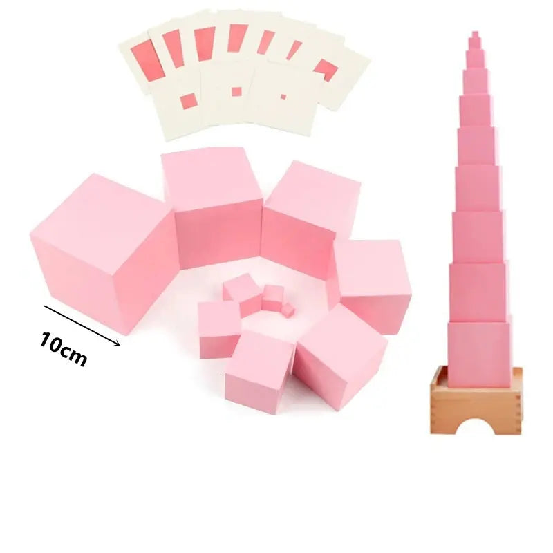 Tour Rose Montessori empilée sur une surface plane
