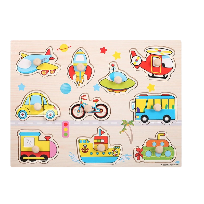 Puzzle en bois illustrant différents moyens de transport