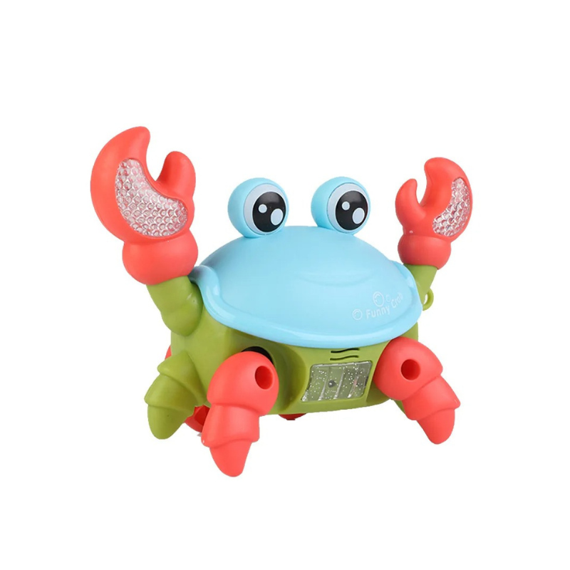 Crabe jouet bleu en mouvement latéral sur une surface