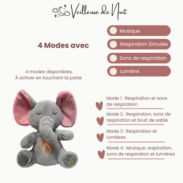 Quatre modes de veilleuse éléphant musicale