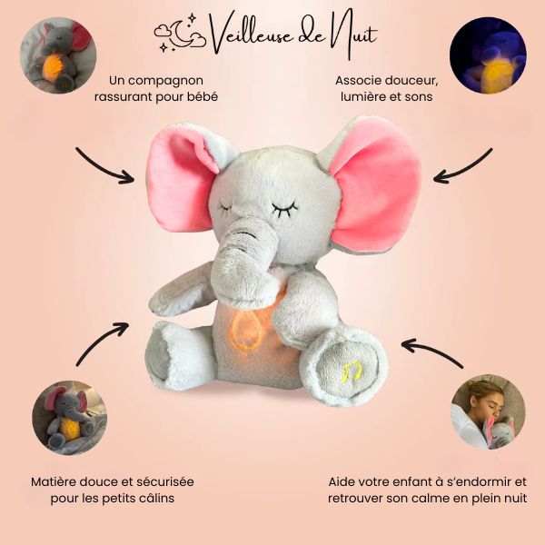 Éléphant musical rassurant pour bébé endormi