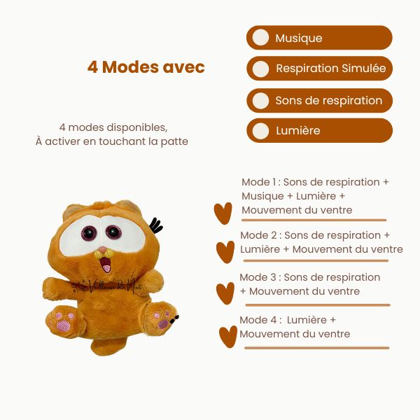 Peluche chat roux avec lumière douce et mélodies apaisantes