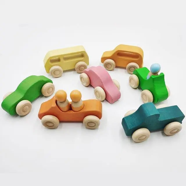 Vue d'ensemble de jouets Montessori avec arbres et formes en bois