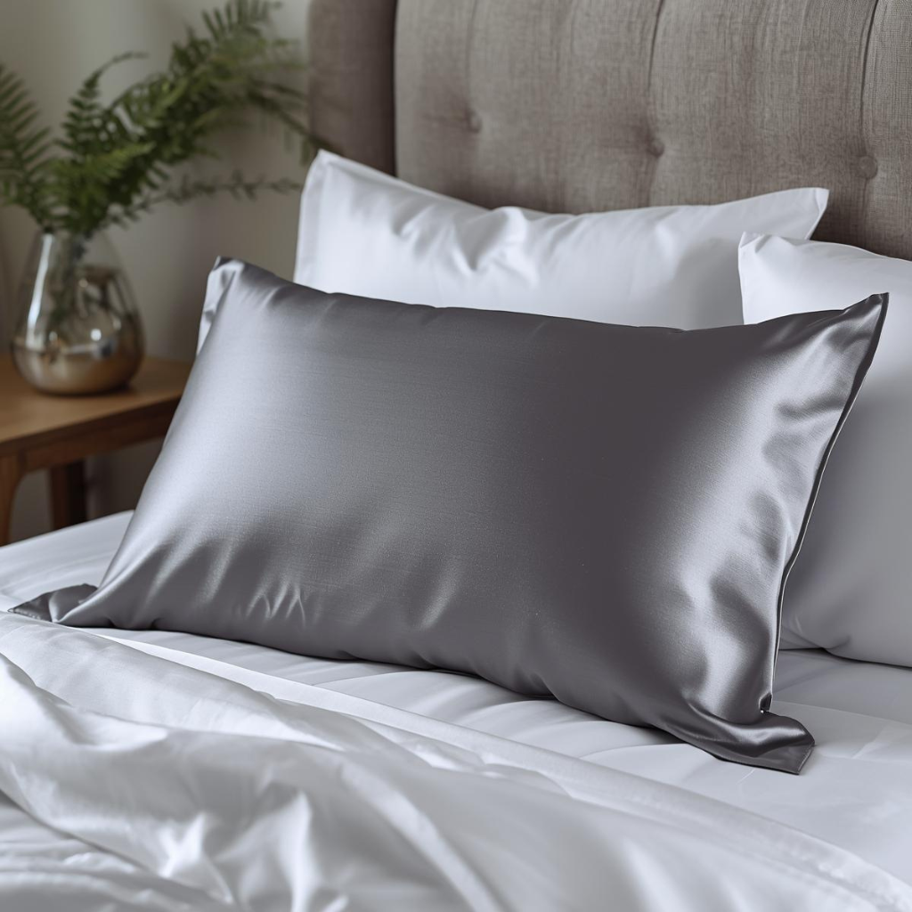 Taie d'oreiller en soie gris anthracite sur lit