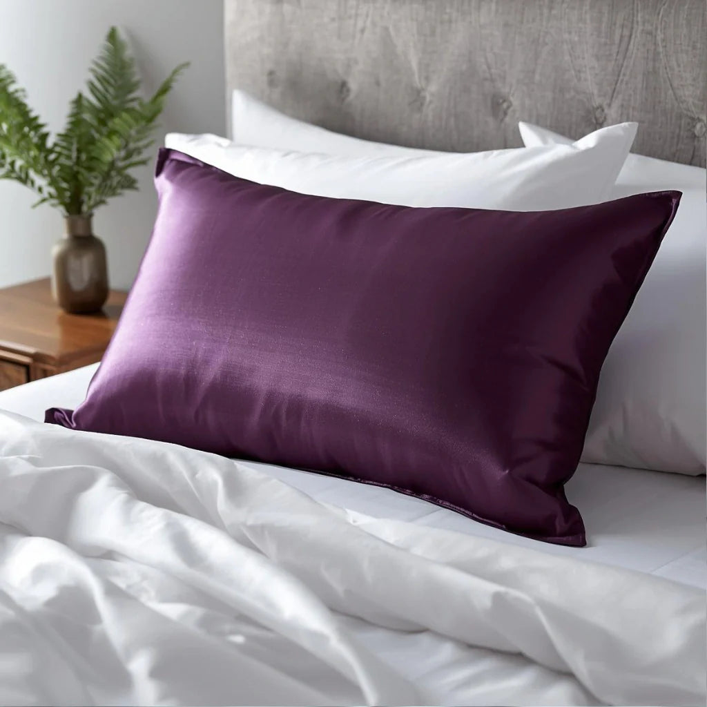 Taie d'oreiller en soie violette sur lit blanc