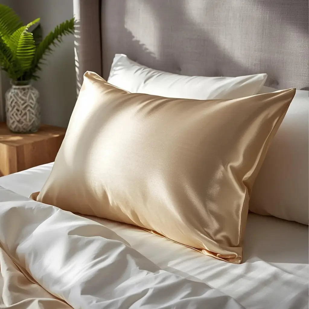 Taie d'oreiller en soie beige champagne sur lit