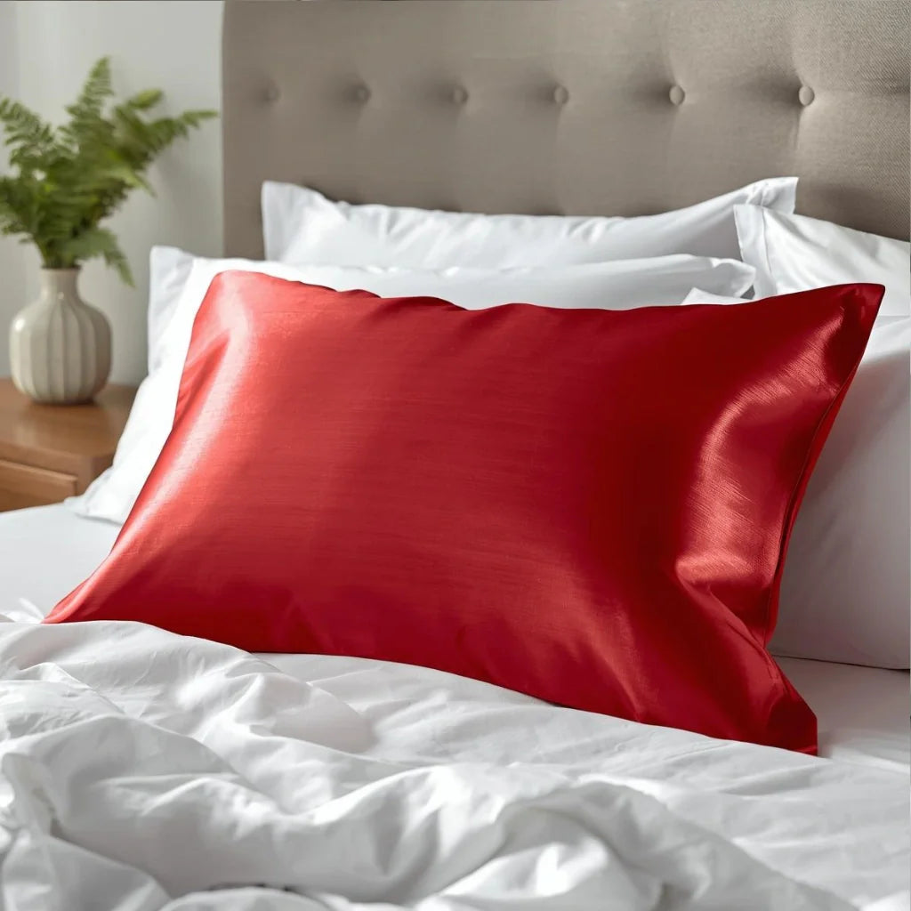 Gros plan sur la texture soyeuse rouge de la taie d'oreiller