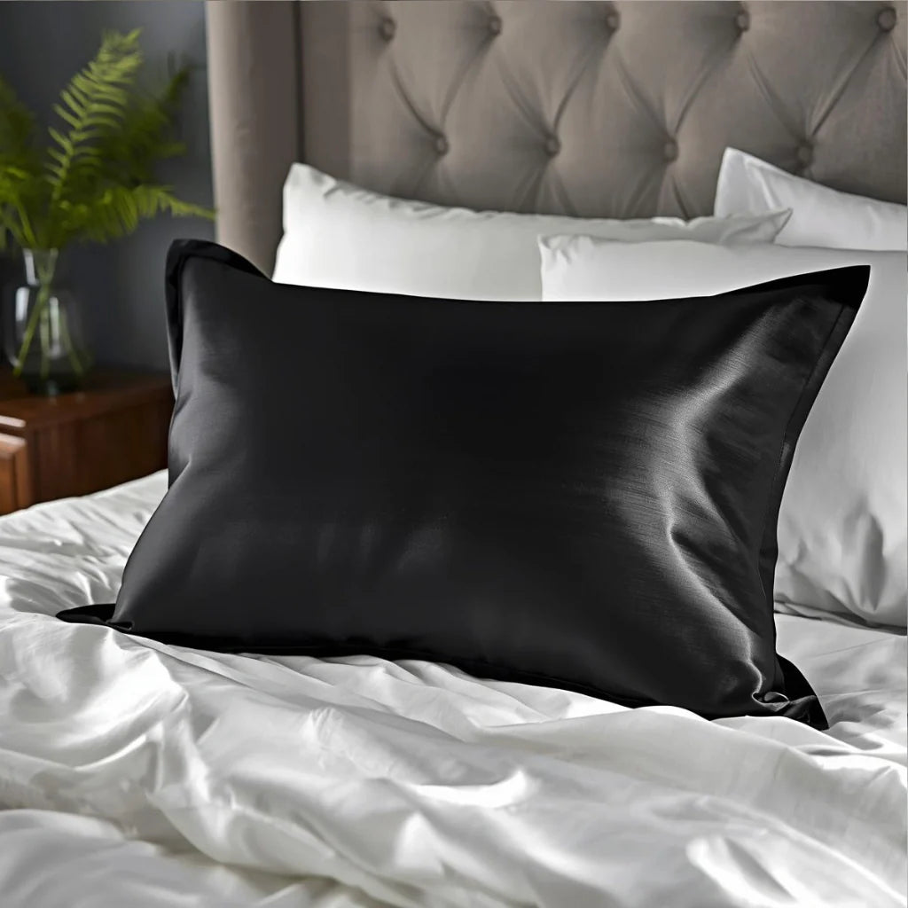 Taie d'oreiller en soie noire sur lit blanc