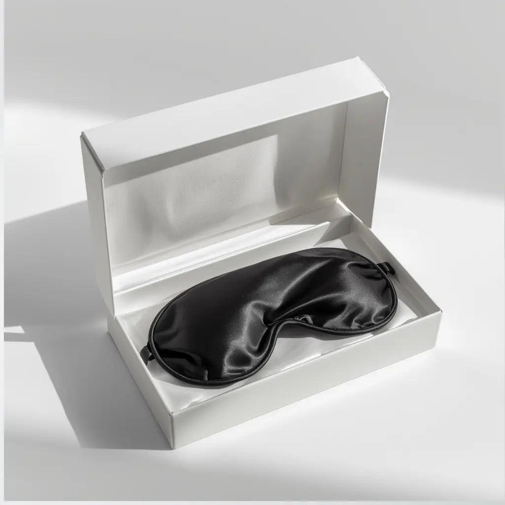 Masque de nuit en soie posé sur un lit blanc