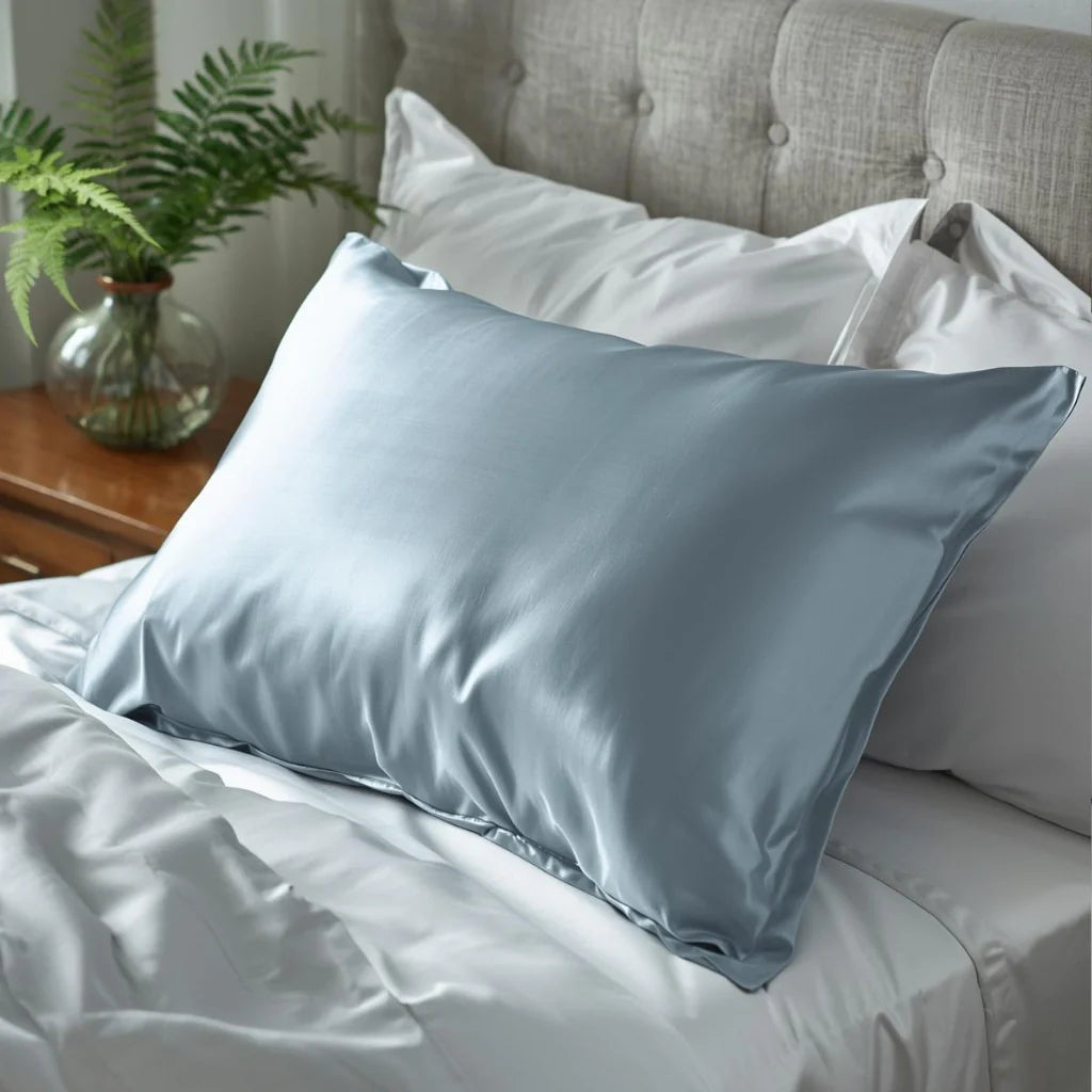 Taie d'oreiller en soie gris bleuté sur lit blanc