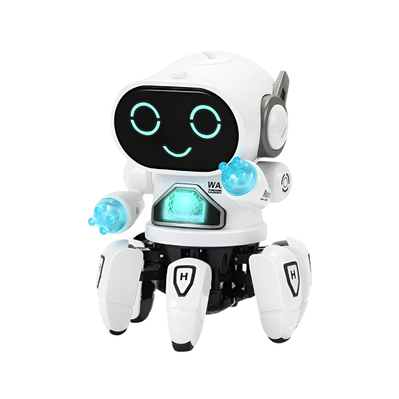 Robot blanc avec lumières LED colorées et bras mobiles