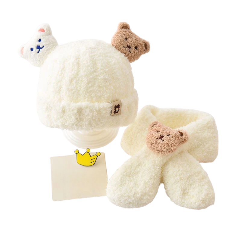 Écharpe bonnet bébé blanche avec oreilles d'ours