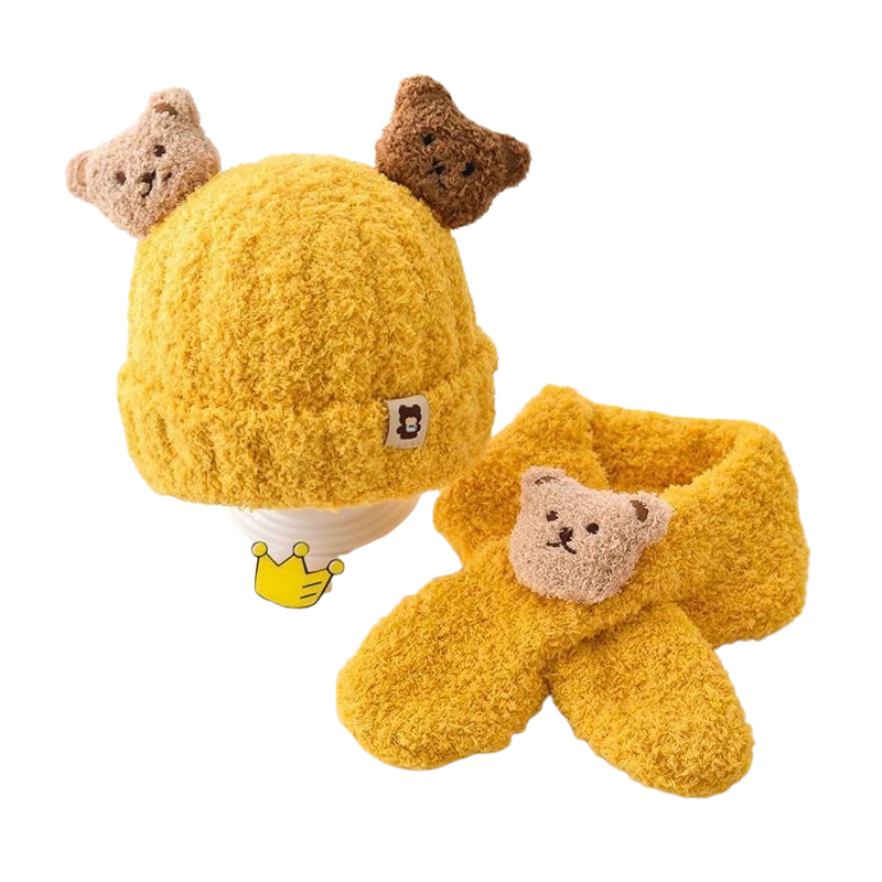 Écharpe bonnet bébé jaune, idéale pour le froid