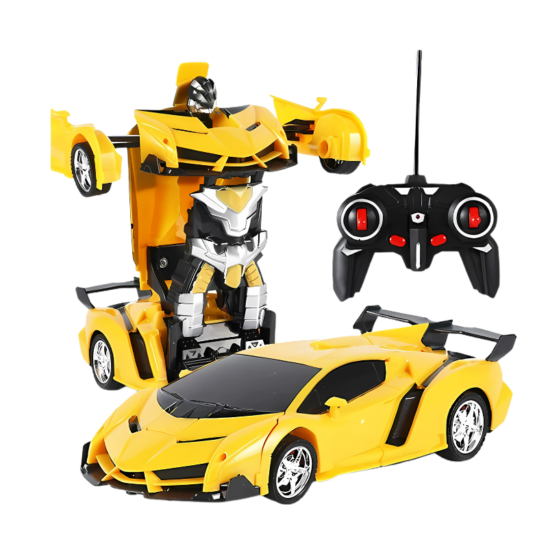 Voiture télécommandée transformable jaune, en pleine rotation