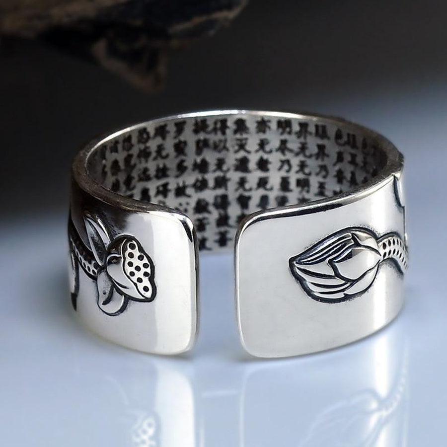 Anneau ajustable en argent, motif lotus en relief