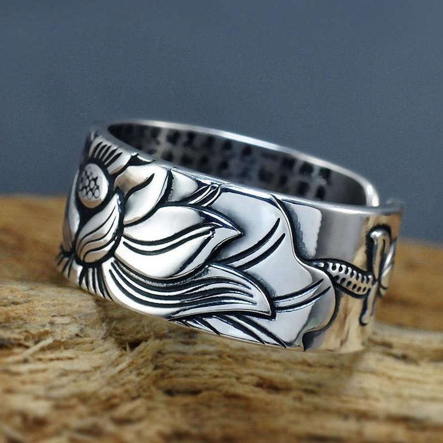 Anneau en argent avec motifs bouddhistes, fleur de lotus