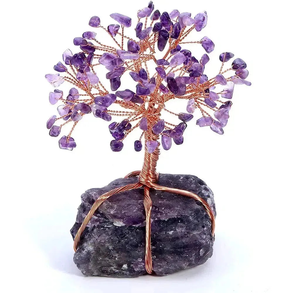 Arbre miniature en pierres et cuivre sur socle de quartz