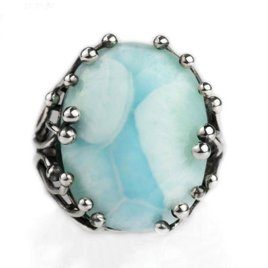 Bague en Larimar avec veines blanches, vue de côté