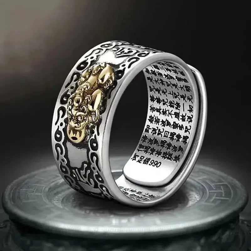 Bague en argent plaqué, gravure du Sutra du Cœur en évidence
