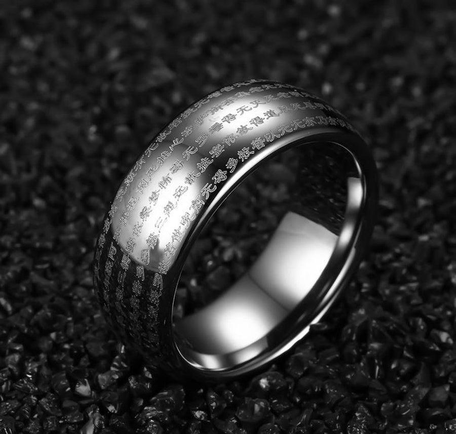 Bague en titane avec symboles bouddhiques verticaux