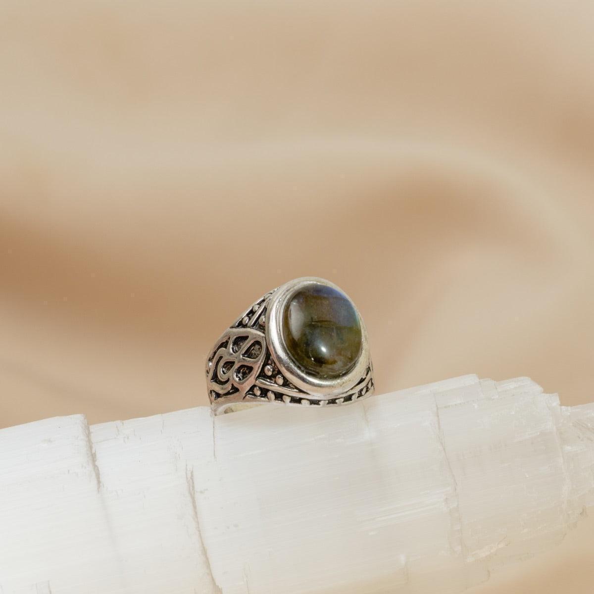 Vue rapprochée de la pierre de labradorite sertie clos