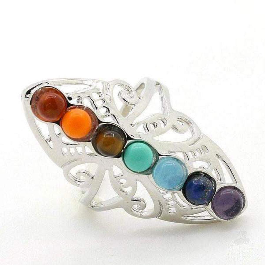 Bague argentée avec pierres colorées pour chaque chakra