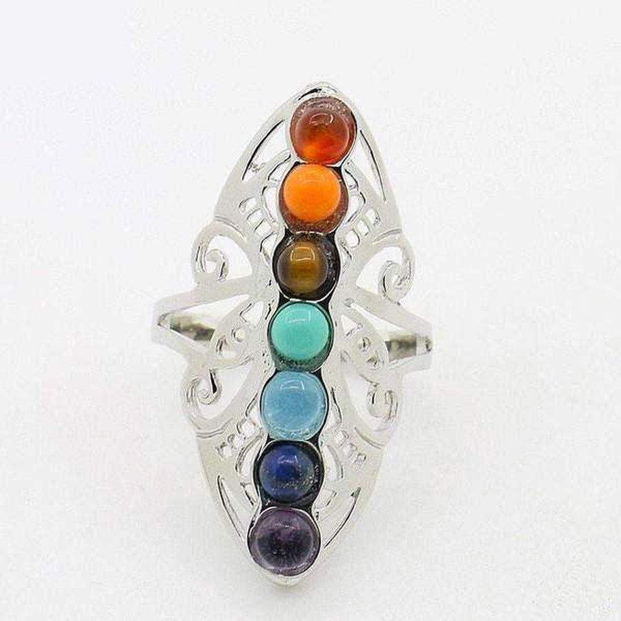 Bague en métal argenté avec pierres chakras en arc-en-ciel