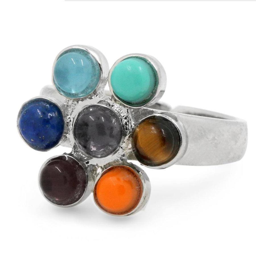 Bague avec symboles spirituels et pierres colorées