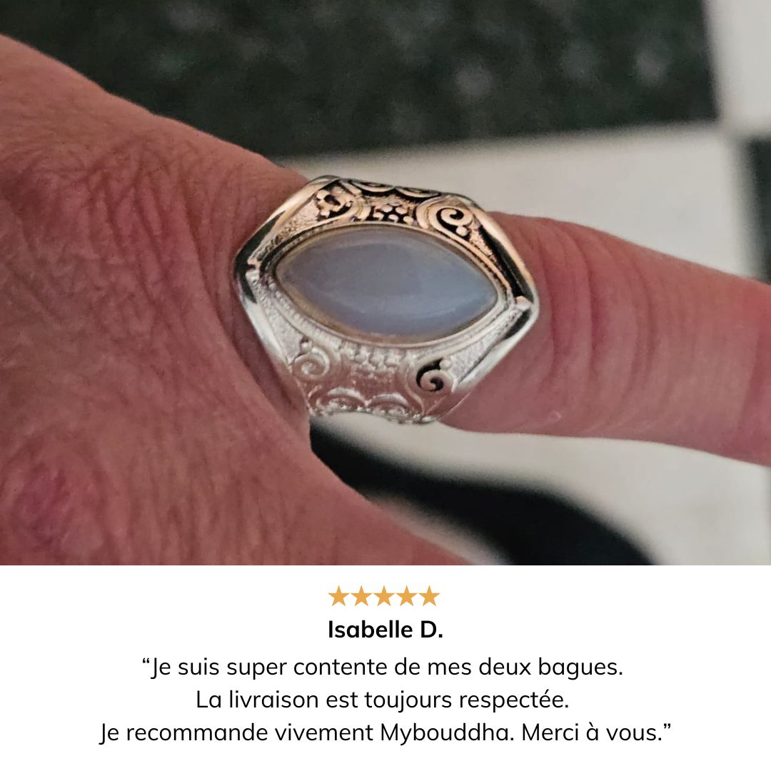 Gros plan sur la pierre cabochon bleue de la bague