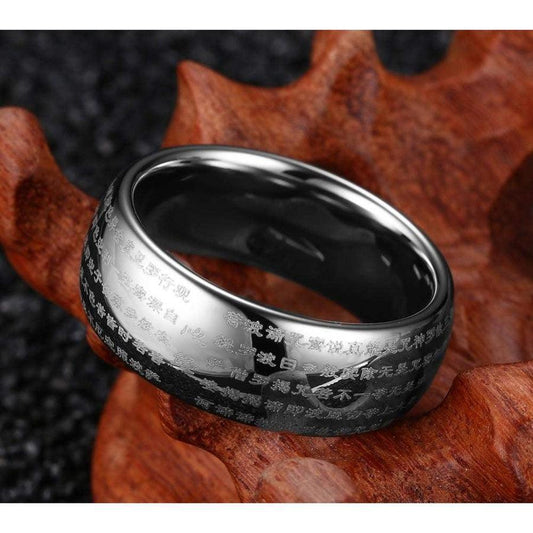 Bague en carbure de tungstène avec gravure tibétaine