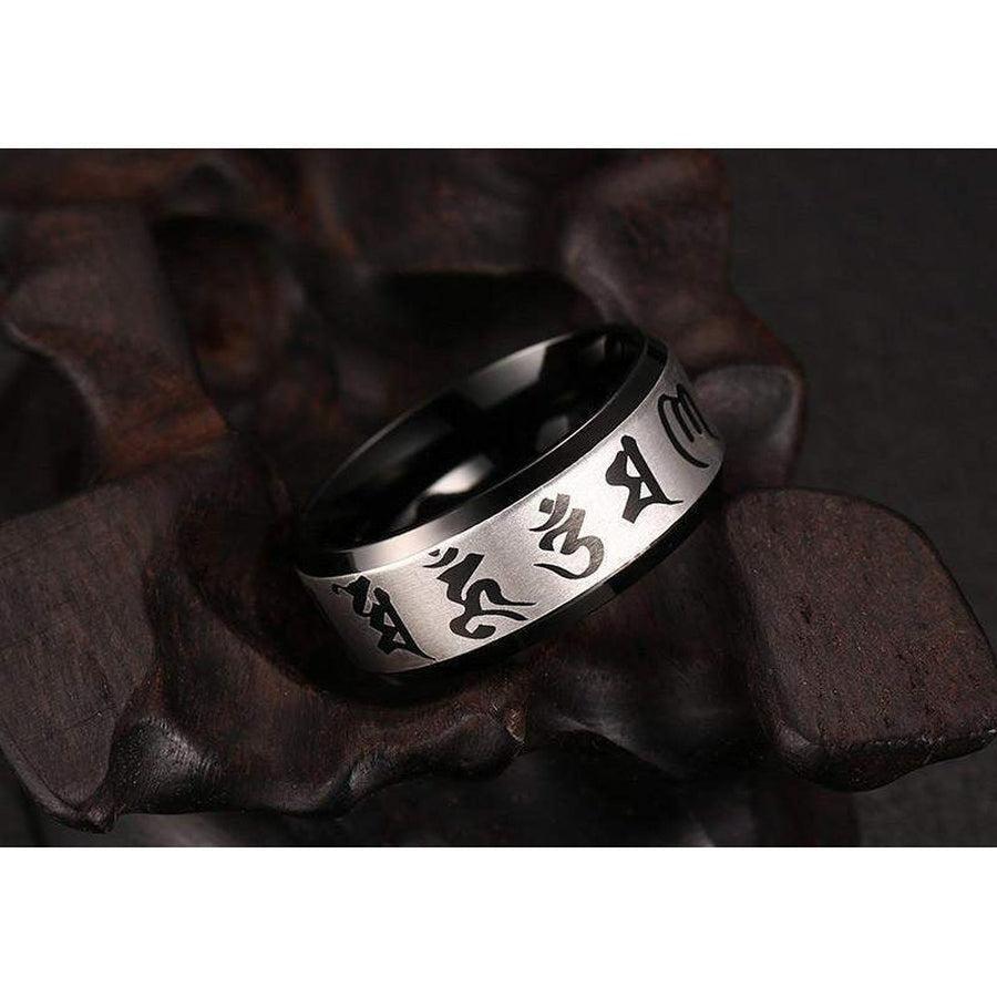 Bague spirituelle en acier inoxydable avec motifs tibétains