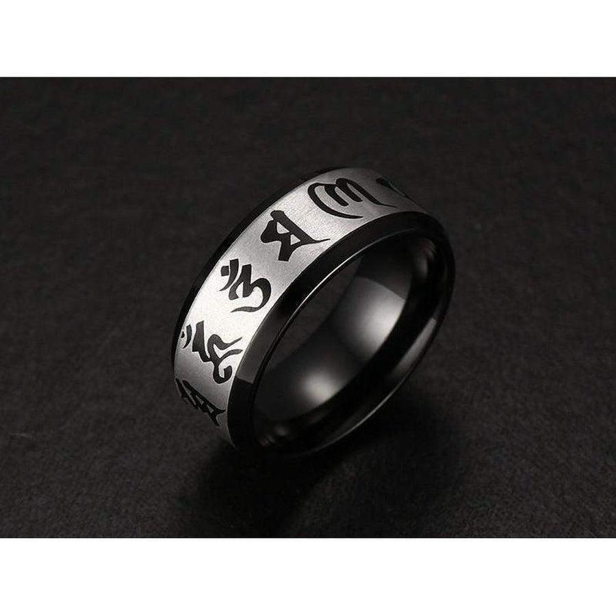 Bague bouddhiste en acier avec gravure spirituelle