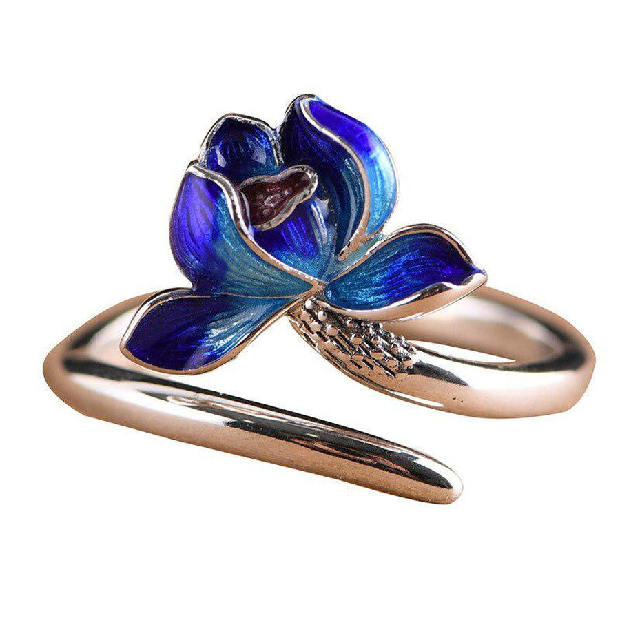 Bague ouverte avec fleur de lotus en émail bleu profond