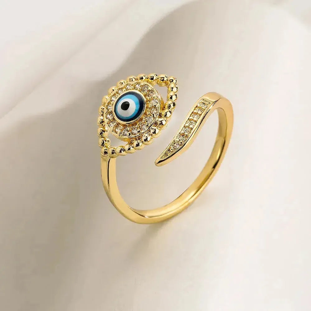 Vue latérale de la bague œil bleu sur fond neutre