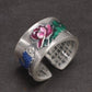 Bague ouverte avec motifs de lotus et poisson en émail