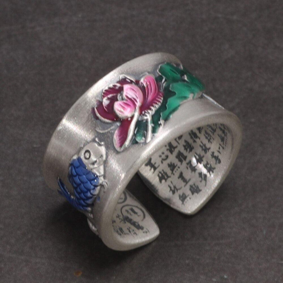 Bague ouverte avec motifs de lotus et poisson en émail