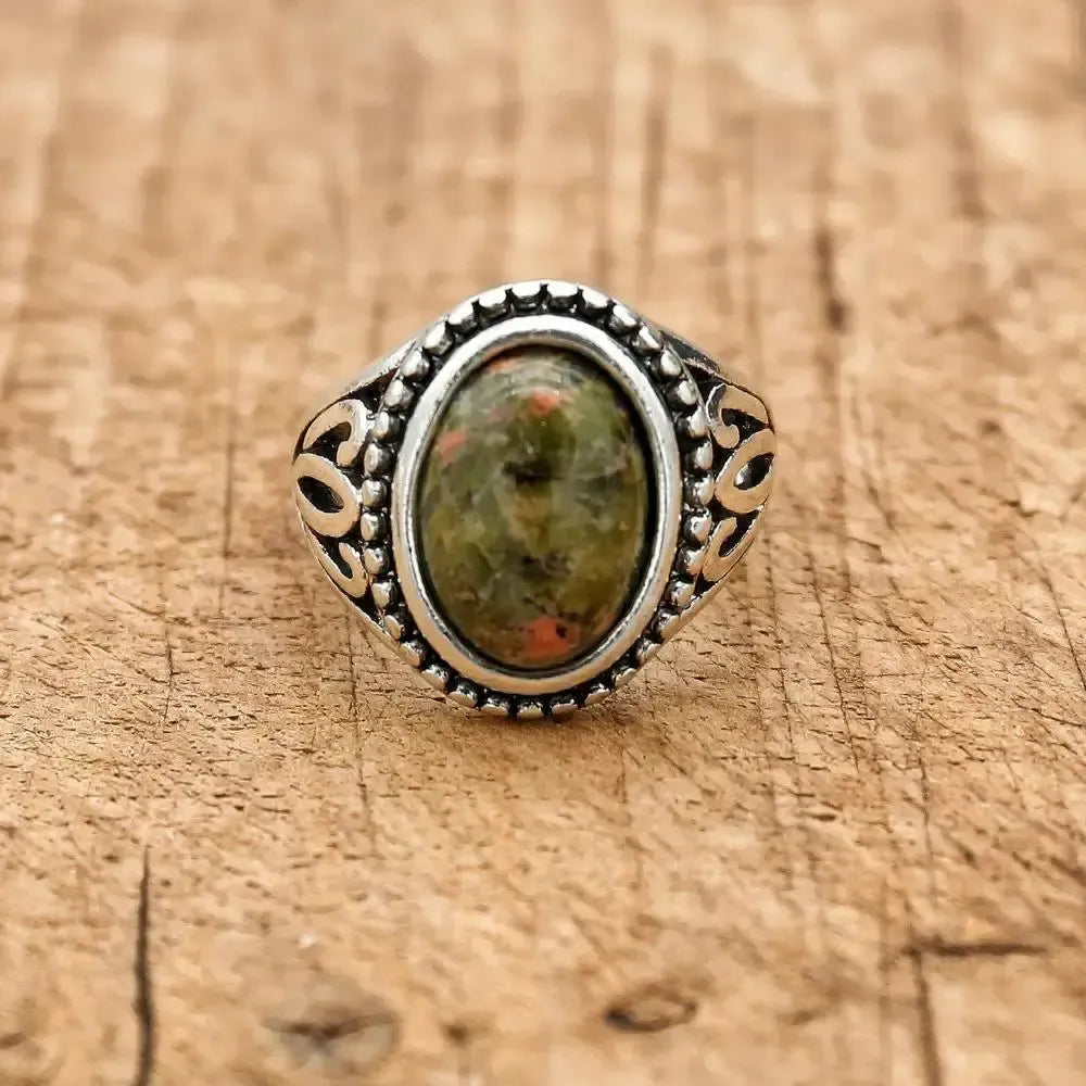 Bague en malachite synthétique, pierre verte et monture