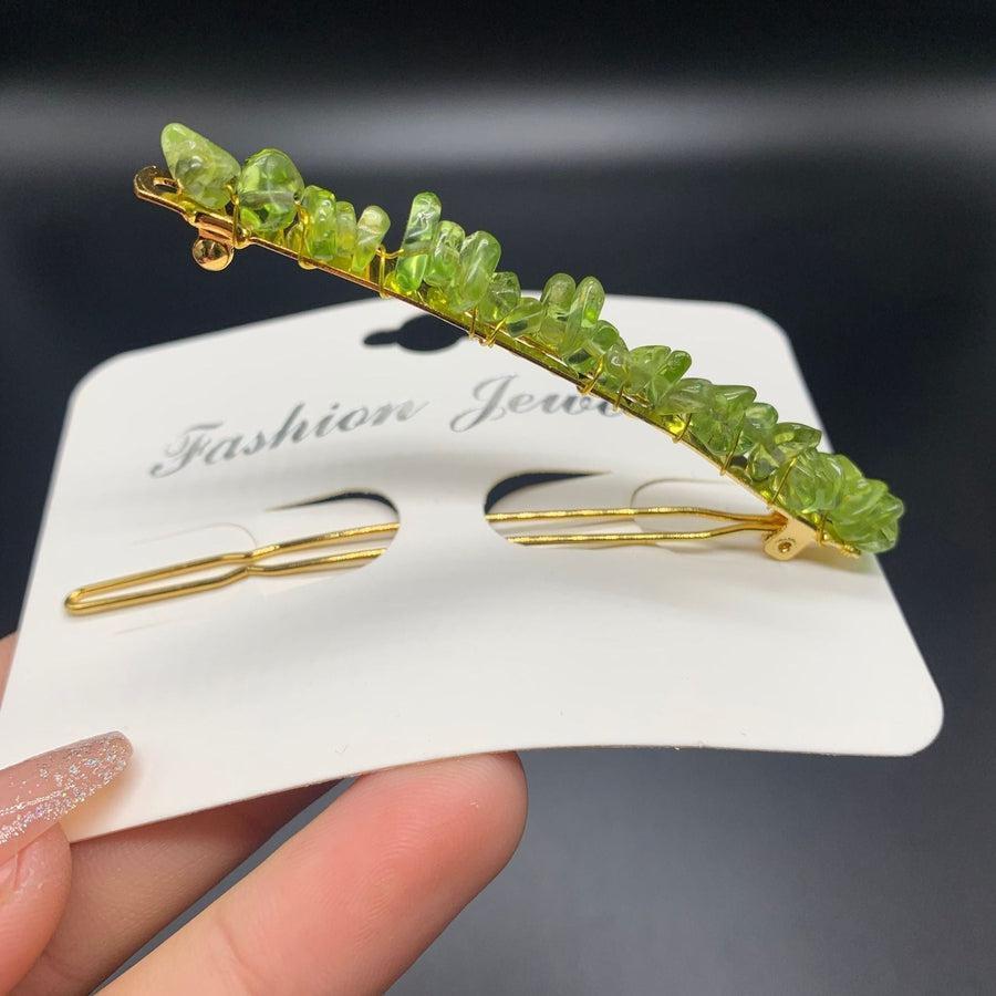 Barrette en quartz rose, vue de face, détails des pierres