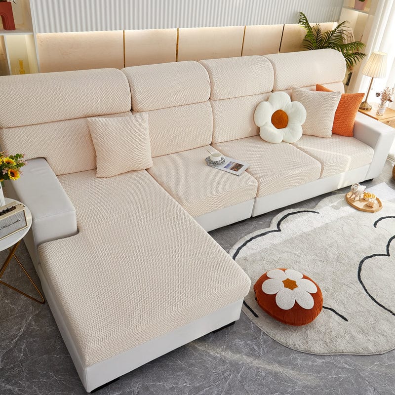 Housse polaire beige avec motif laine sur coussin de canapé