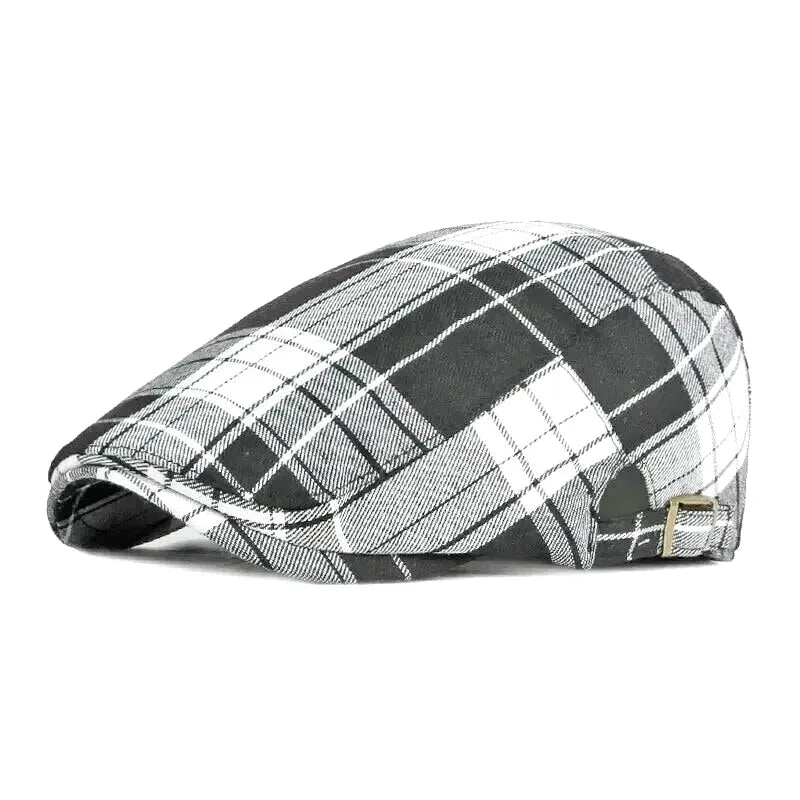 Béret noir à carreaux, taille ajustable, en gros plan