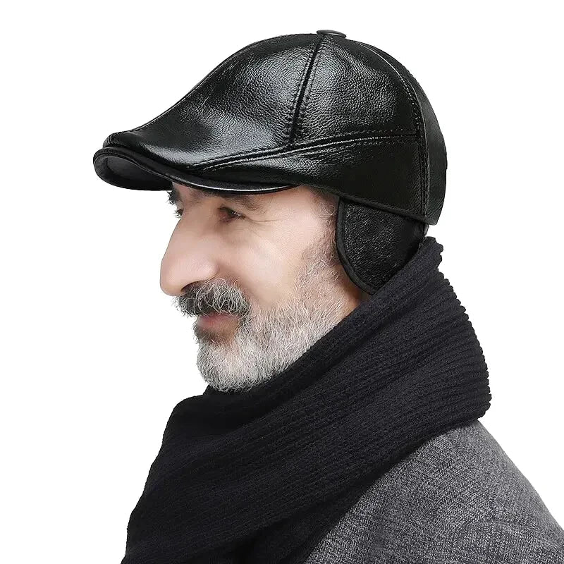 Béret en cuir noir avec cache-oreilles intégré pour homme