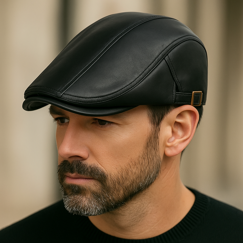 Béret en cuir noir avec coutures subtiles