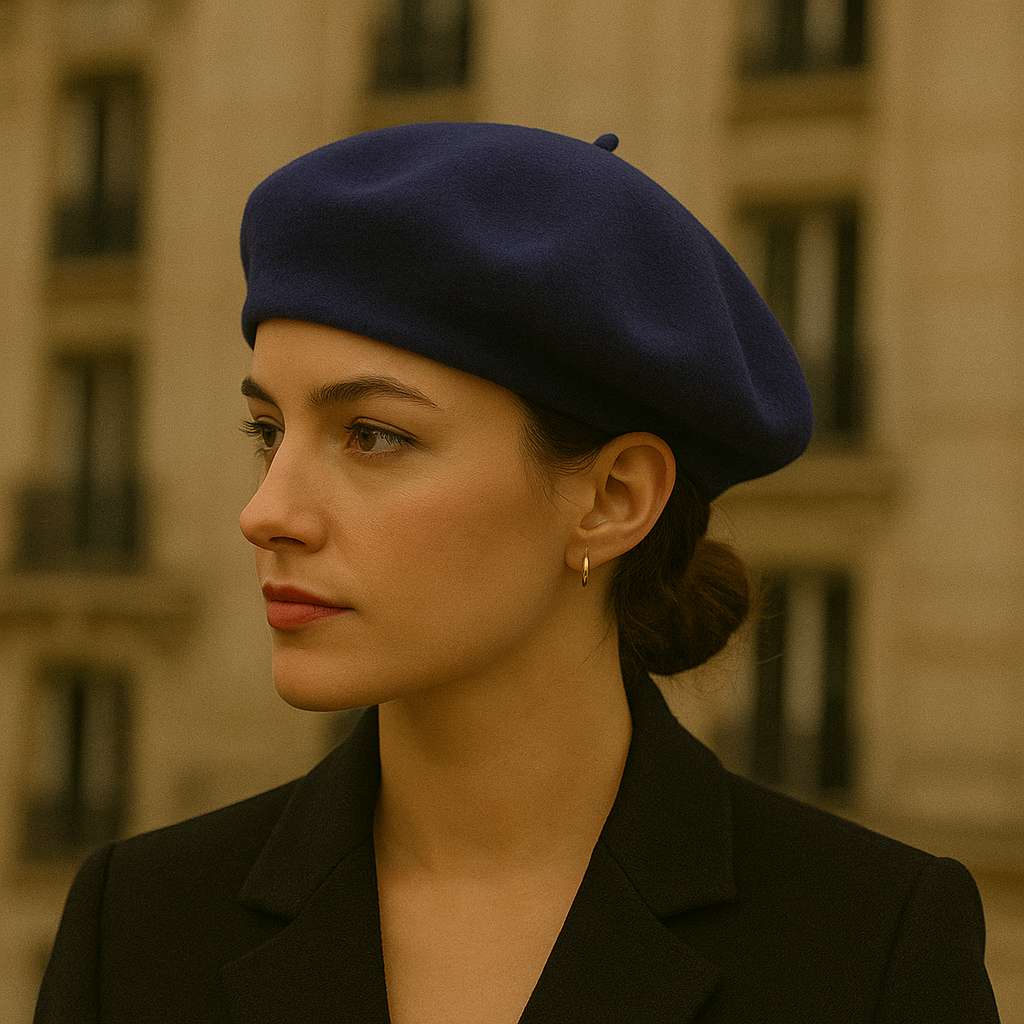 Béret basque bleu pour femme sur fond blanc