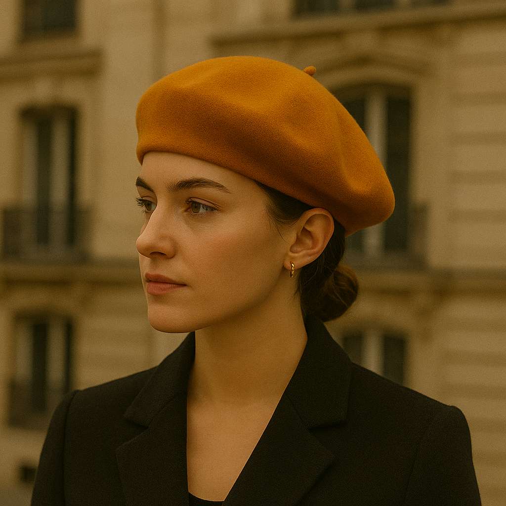 Béret basque moutarde sur fond neutre, vue de profil