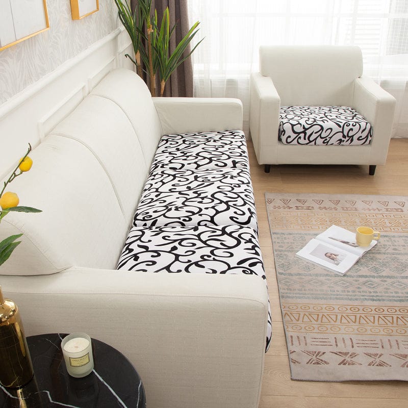 Détail du motif floral noir et blanc sur la housse