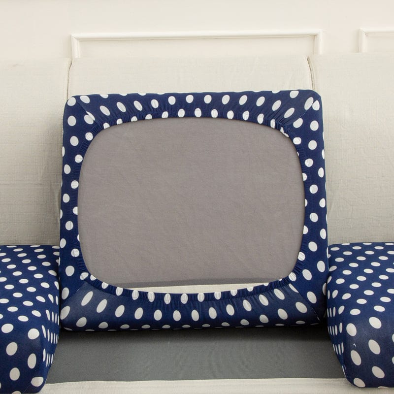 Gros plan sur tissu extensible bleu à motifs blancs