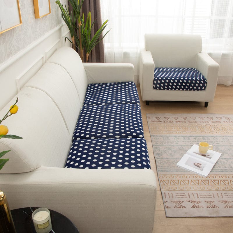 Détail du tissu extensible bleu à pois blancs