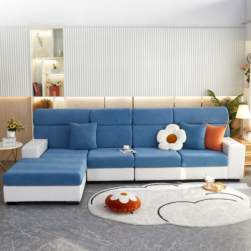 Housse polaire bleue ciel, vue de dessus sur un coussin