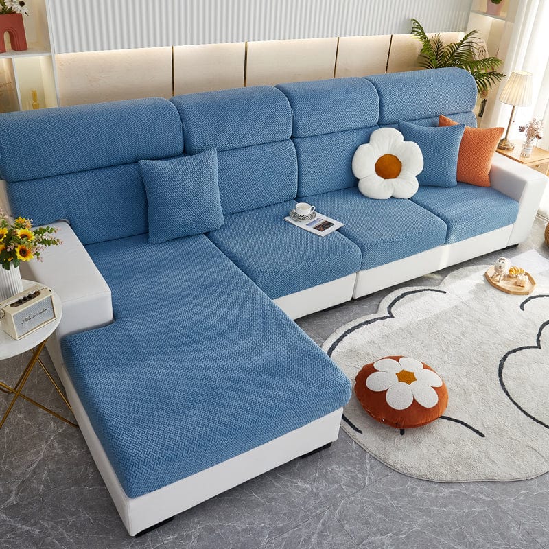 Gros plan sur la texture polaire douce d'un coussin bleu ciel