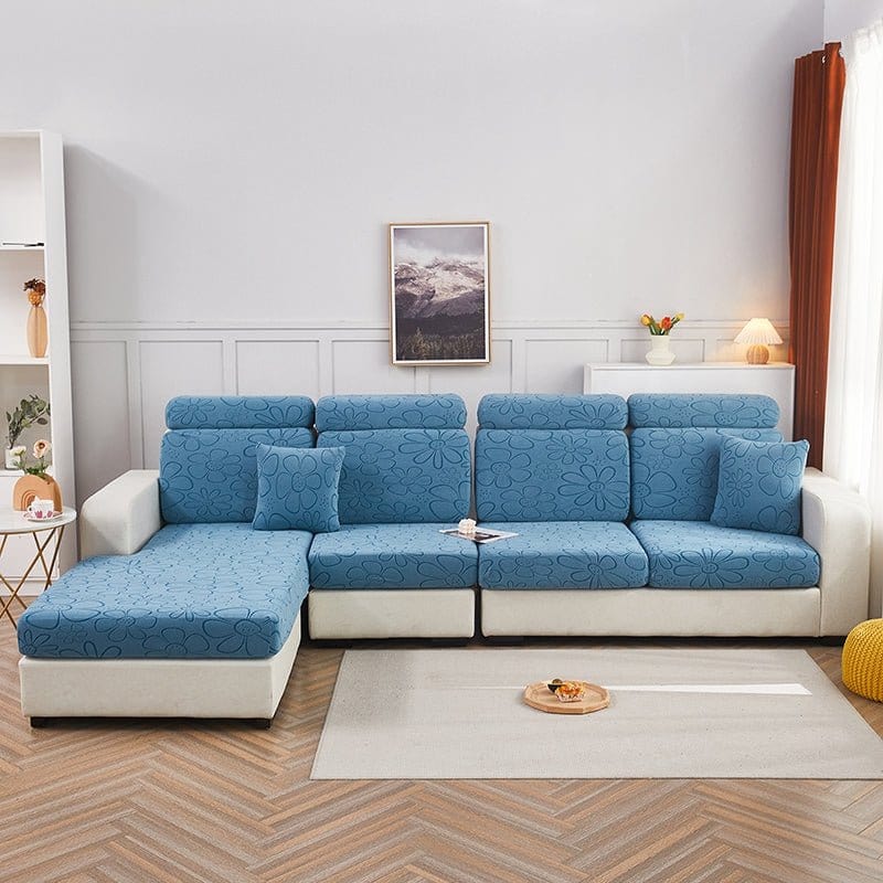 Housse polaire bleue, extensible et ajustée sur coussin de canapé